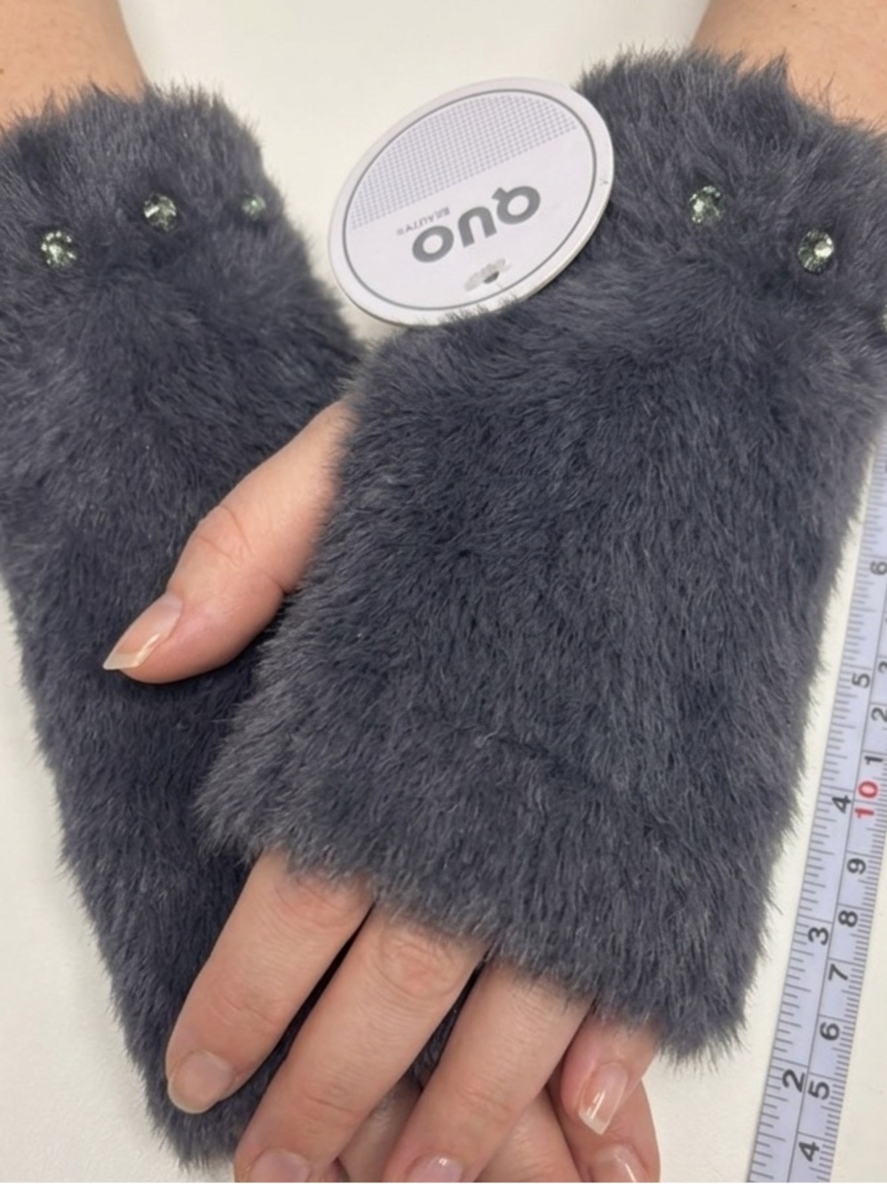Charcoal Gray Faux Fur Fingerless Mitts with Crystal Studs 21cm length